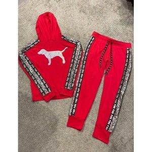 VS PINK Red Mermaid Bling Hoodie Sweatpants Set